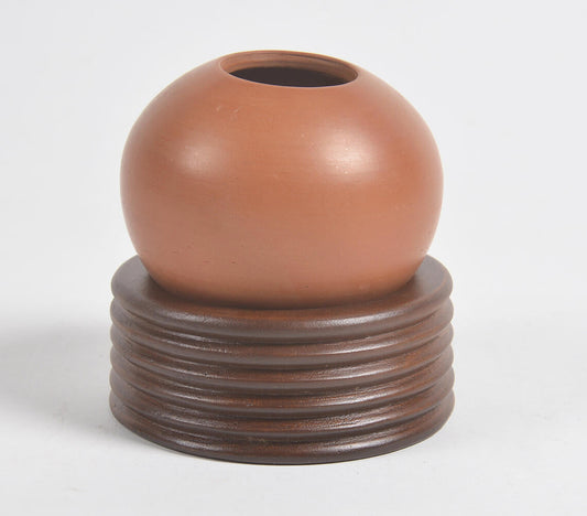 Ribbed Wooden & Terracotta Spherical Desk Planter-1